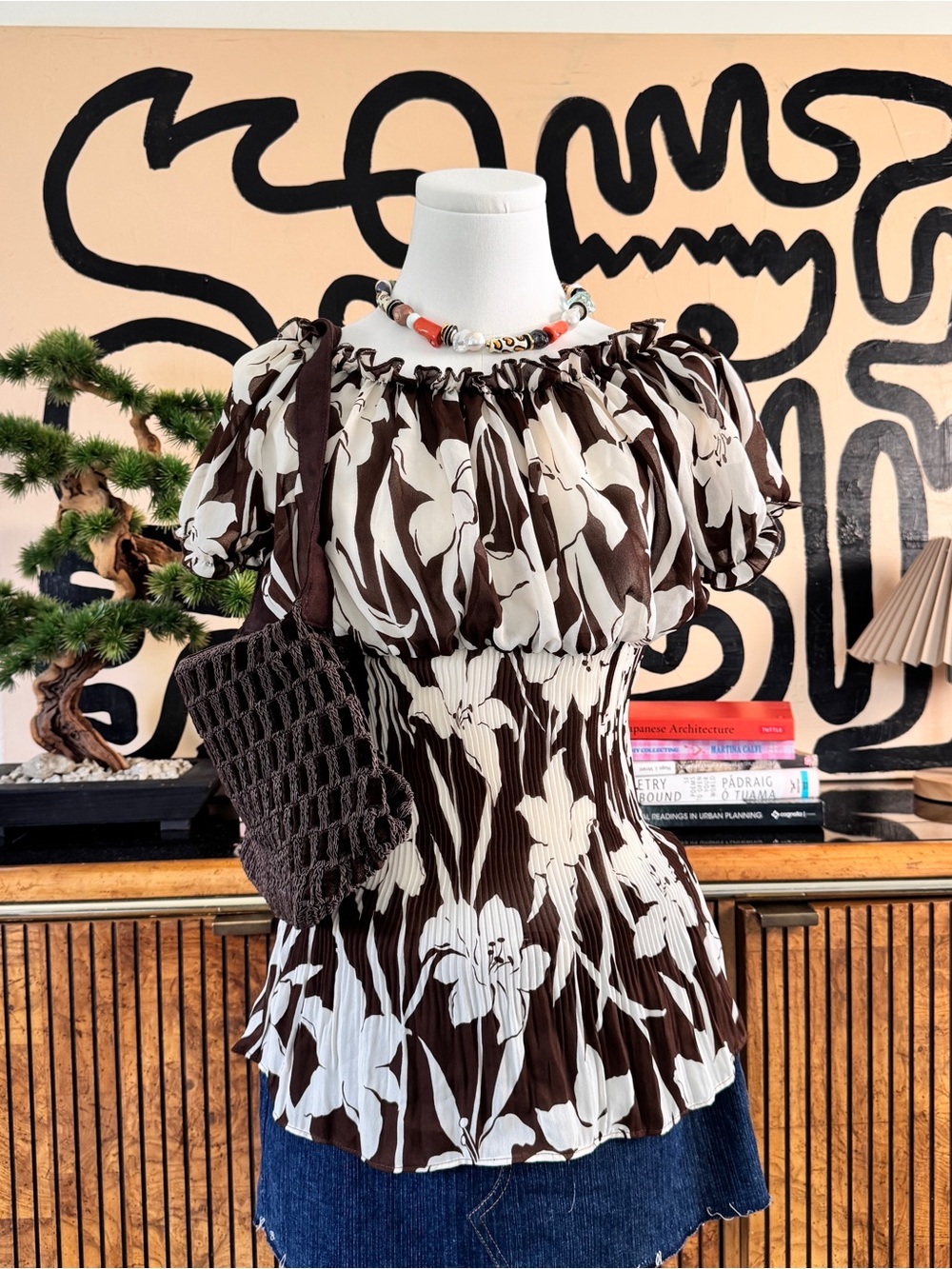 Y2K Brown Cream Floral Milkmaid Top Smocked Puff Sleeve Size S